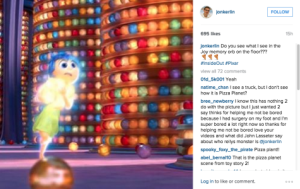 Movie vlogger/blogger, Jonathan Carlin, posted a picture to his Instagram with a clear shot of the Pizza Planet truck in this year’s ‘Inside Out.”