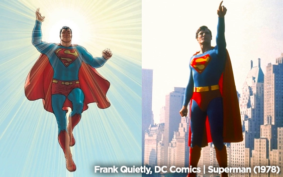 The DC comics Superman costume side-by-side the version from the 1978 film.