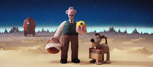 Wallace and Gromit on the moon, which is made of cheese, in 'A Grand Day Out' (1989).
